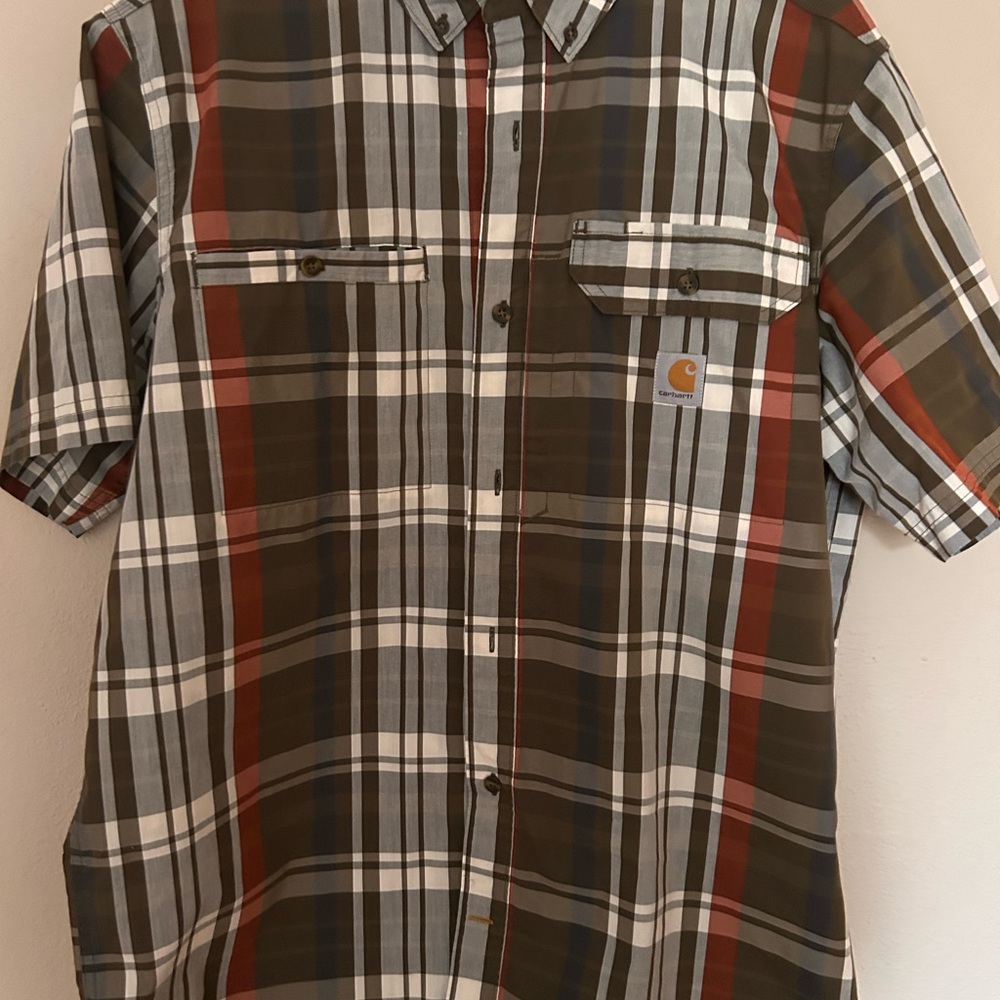 Carhartt Men's Short-Sleeve Plaid Button-Down Shirt — Brown, Dark Orange, Gray
